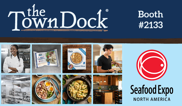 Banner with images of people cooking, professional and home kitchens, and Town Dock calamari packages