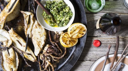 Barbecued calamari with a green tomato, herb and chilli salsa