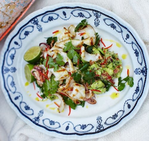 Chargrilled Squid With Rustic Guacamole Recipe | The Town Dock