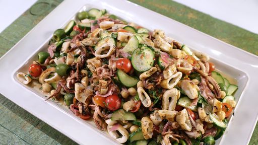 Recipe:&nbsp;Grilled Calamari Chopped Salad with Chickpeas, Olives & Salami
