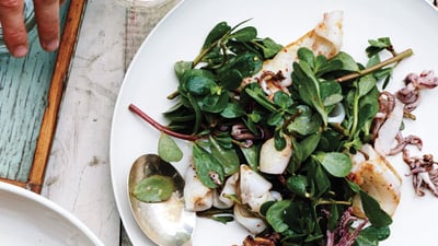 pan-seared squid with aioli and greens | feast of the seven fishes meal