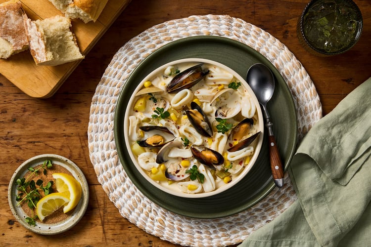 Calamari Corn Chowder with Clams and Mussels-web