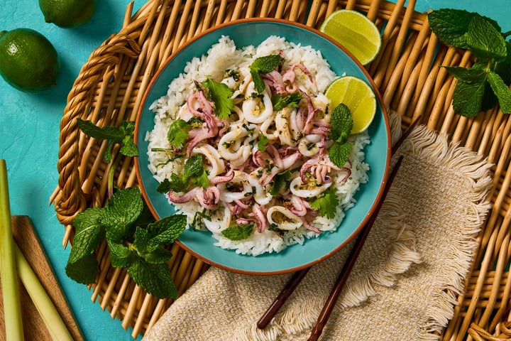 Recipe:&nbsp;Garlicky Calamari with Cilantro, Mint & Lemongrass Sauce