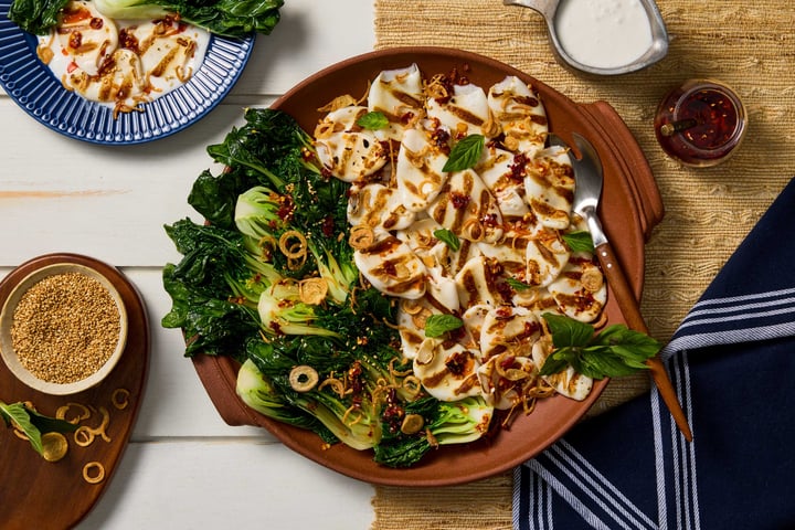 Recipe:&nbsp;Grilled Calamari with Bok Choy & Coconut-Yuzu Cream