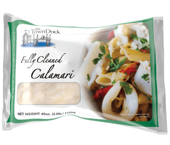 The Town Dock Fully Cleaned Calamari bag, which has a green border. 2.5 lbs net weight.