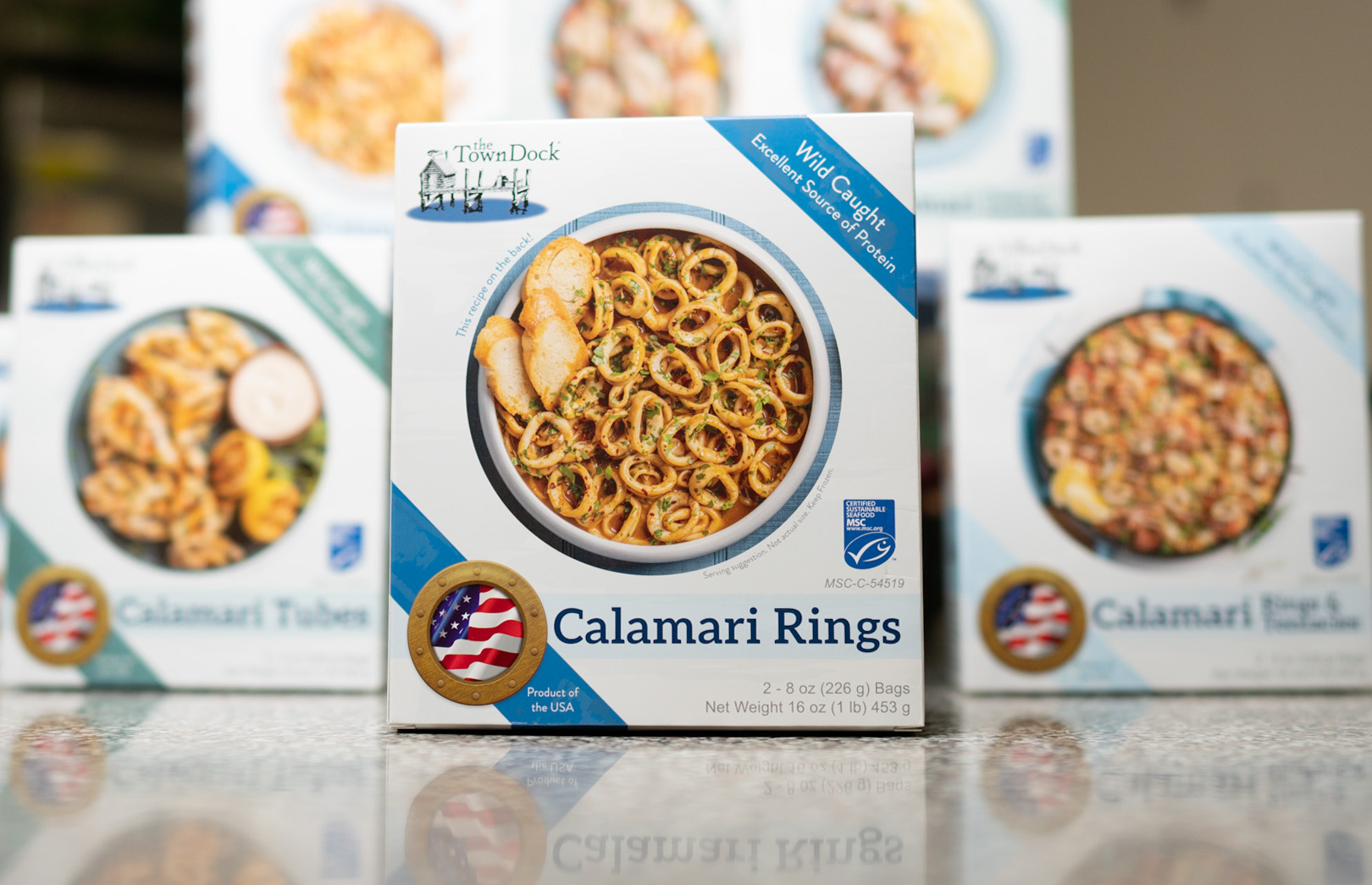 The Town Dock calamari for grocer stores, wholesale squid, one pound boxes