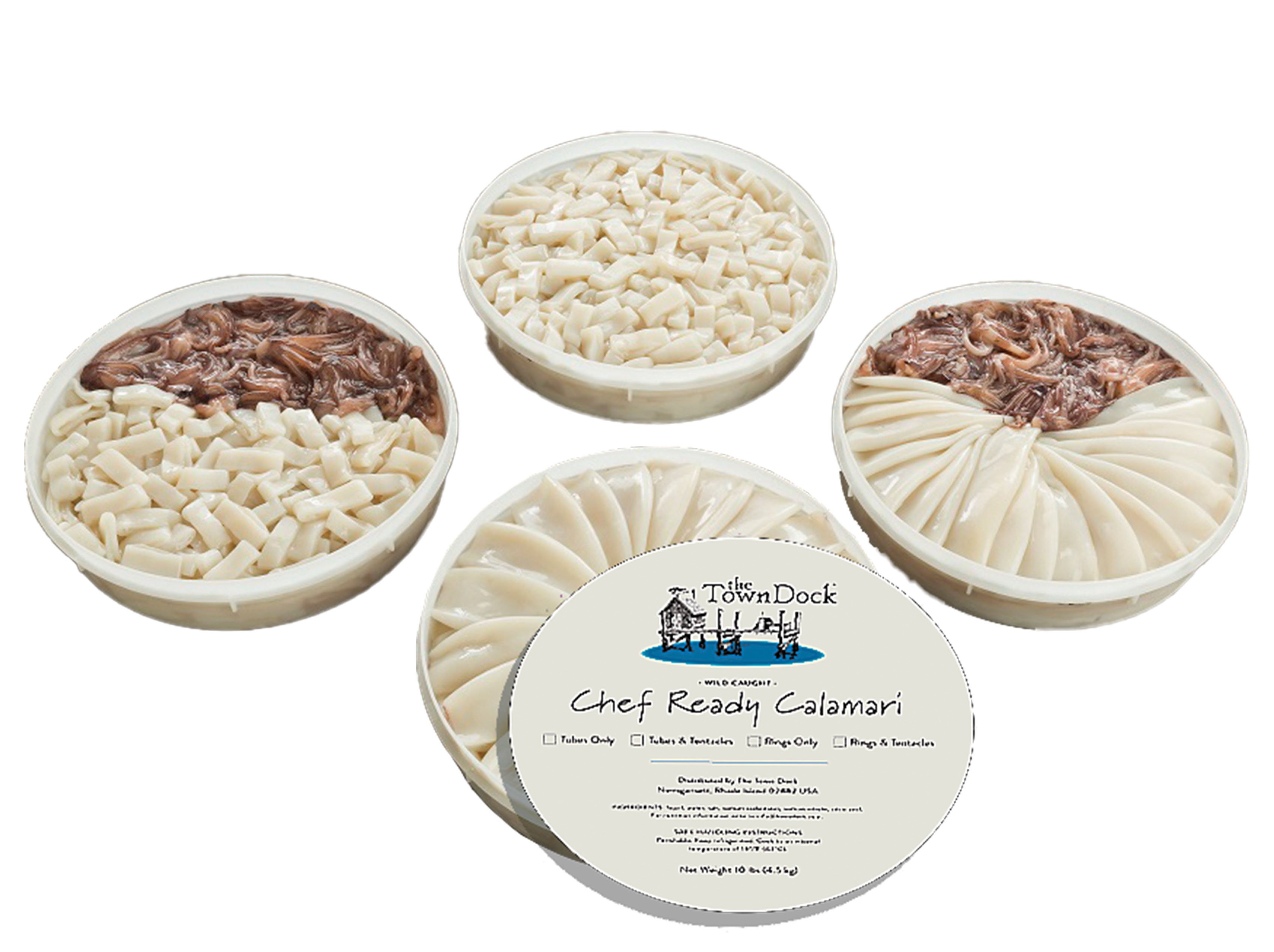 Round plastic containers with our Chef Ready Calamari Rings and Tubes, both with and without tentacles