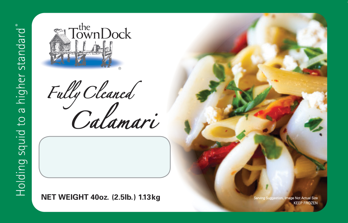 Our Fully Cleaned Calamari 2.5 lb block frozen bag, which has a green border