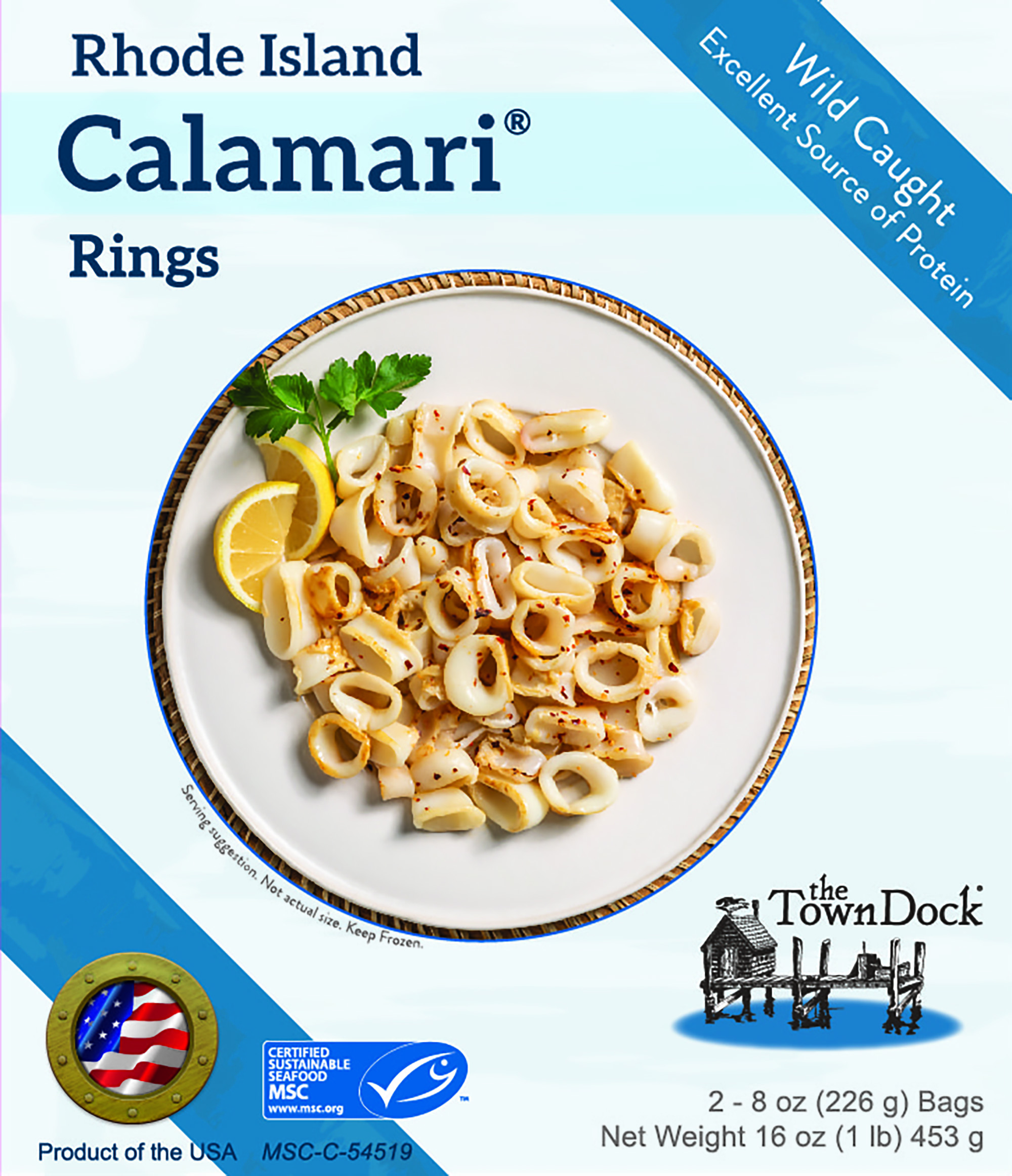 The Town Dock's retail Rhode Island Calamari rings box. It is packed 1 lb. with two 8 oz. portions.