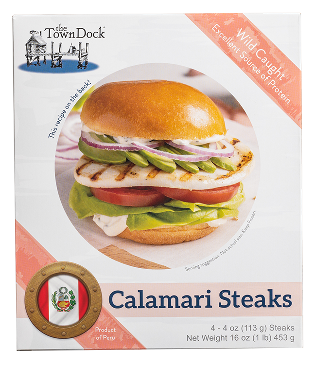 Calamari Steaks in our retail box packaging with a coral-colored wrap and Peruvian flag.