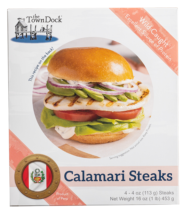 Our retail Calamari Steak box, 1 lb net weight with four steaks, a photo of a prepared calamari steak burger, and a coral accent color