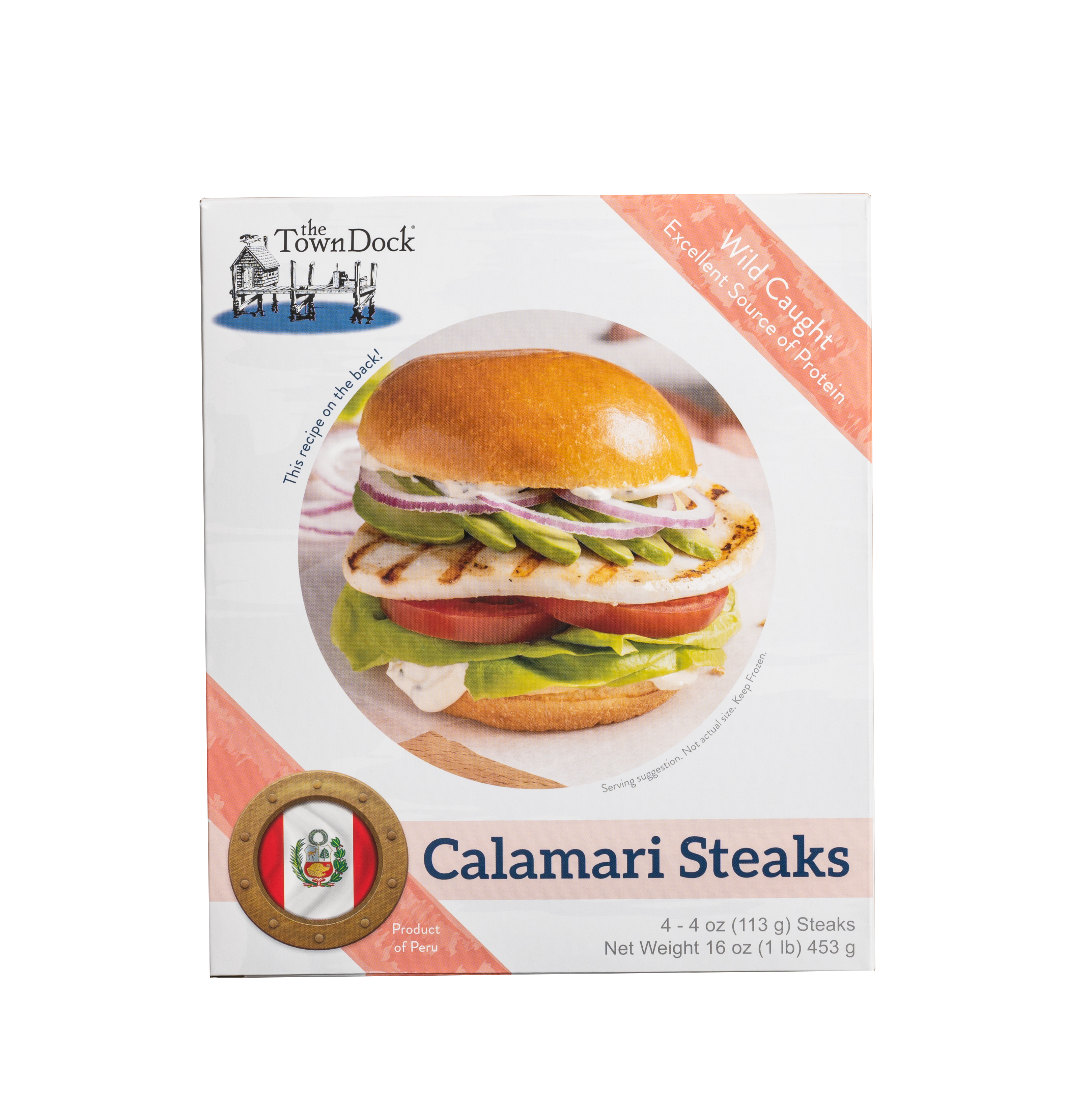 Calamari Steaks box with coral-colored wrap