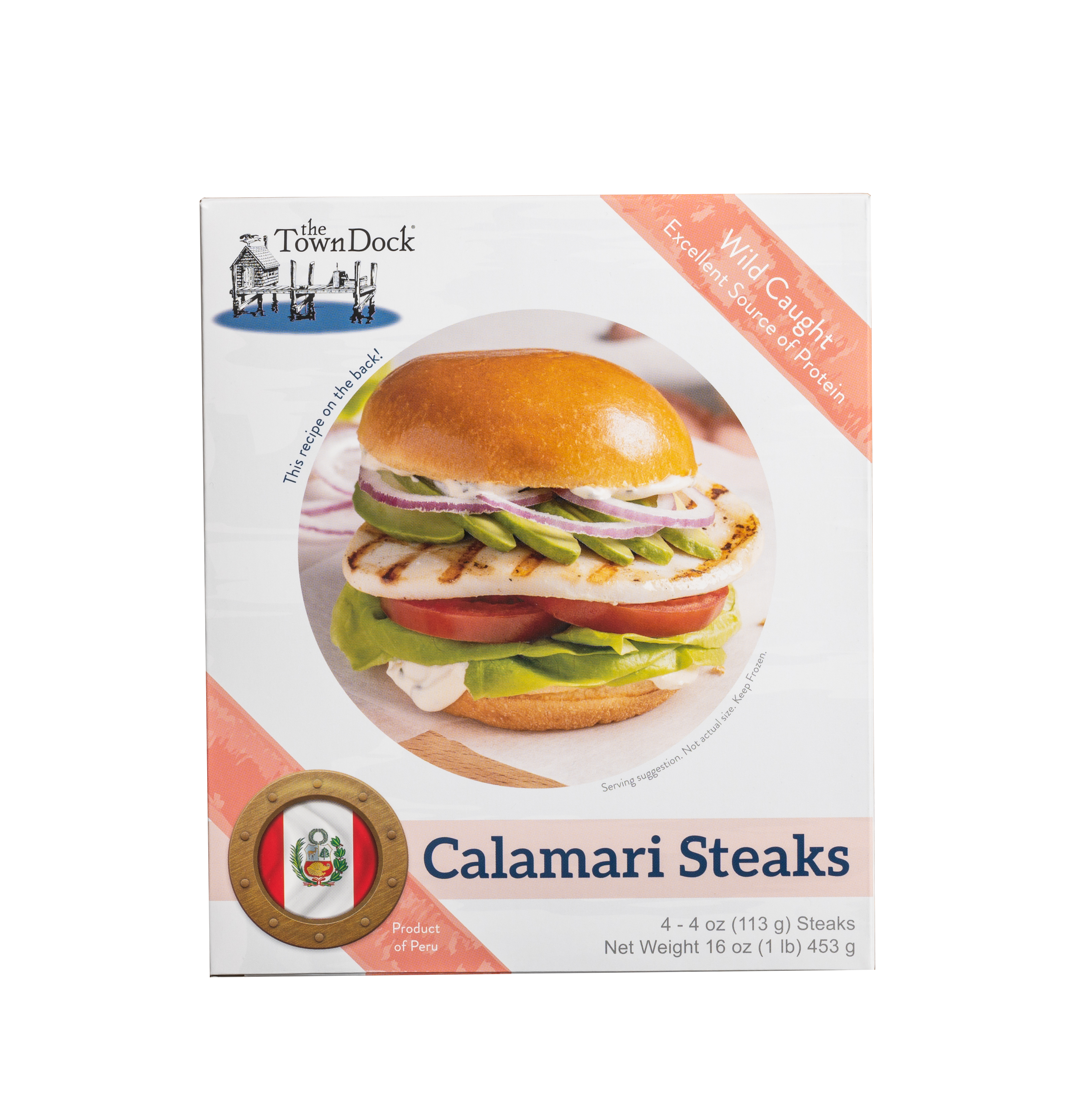 Calamari Steaks box with coral-colored wrap