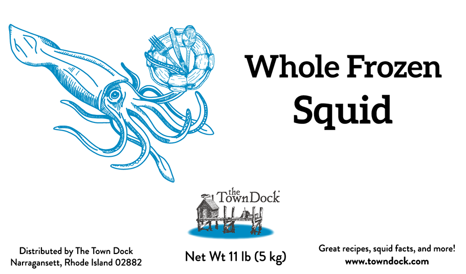 Front of the whole frozen squid box, with an illustration of a squid holding a fork, knife, and spoon