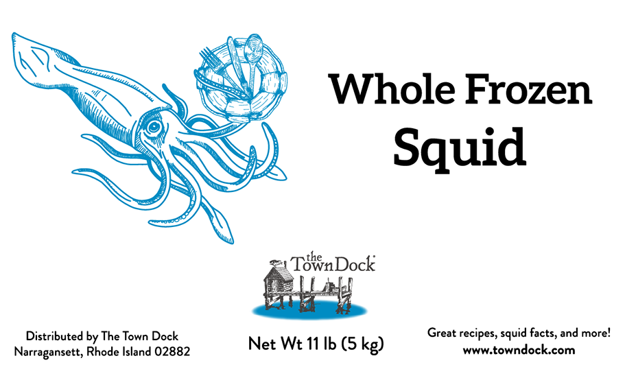 Front of the Whole Frozen Squid box, 11 lb (5 kg) net weight, with an illustration of a squid holding a lifesaver with a fork, knife, and spoon