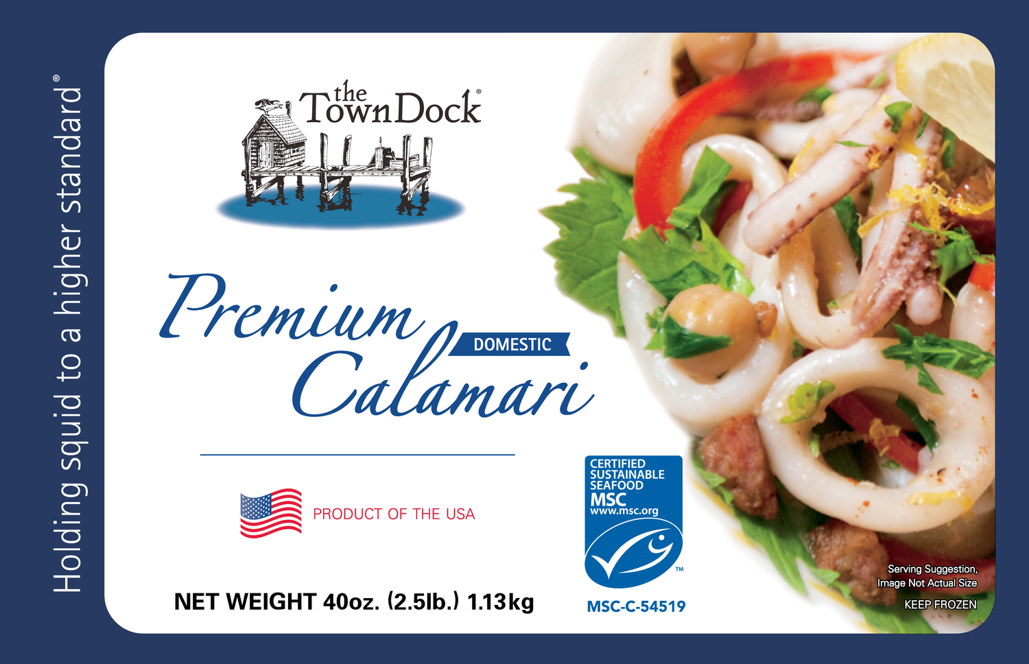 Premium Domestic Calamari bag, with USA and MSC bluefish ecolabel, and a dark blue border. 