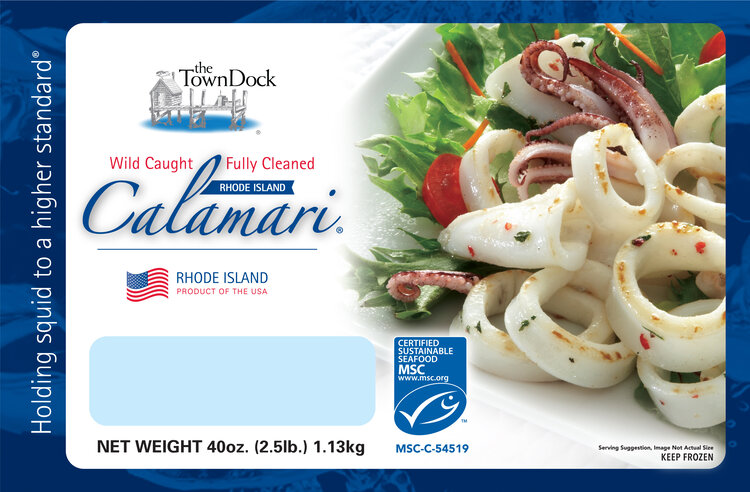 Front of the Rhode Island Calamari® product bag with a medium blue border. MSC bluefish eco label and product of the USA photos included.
