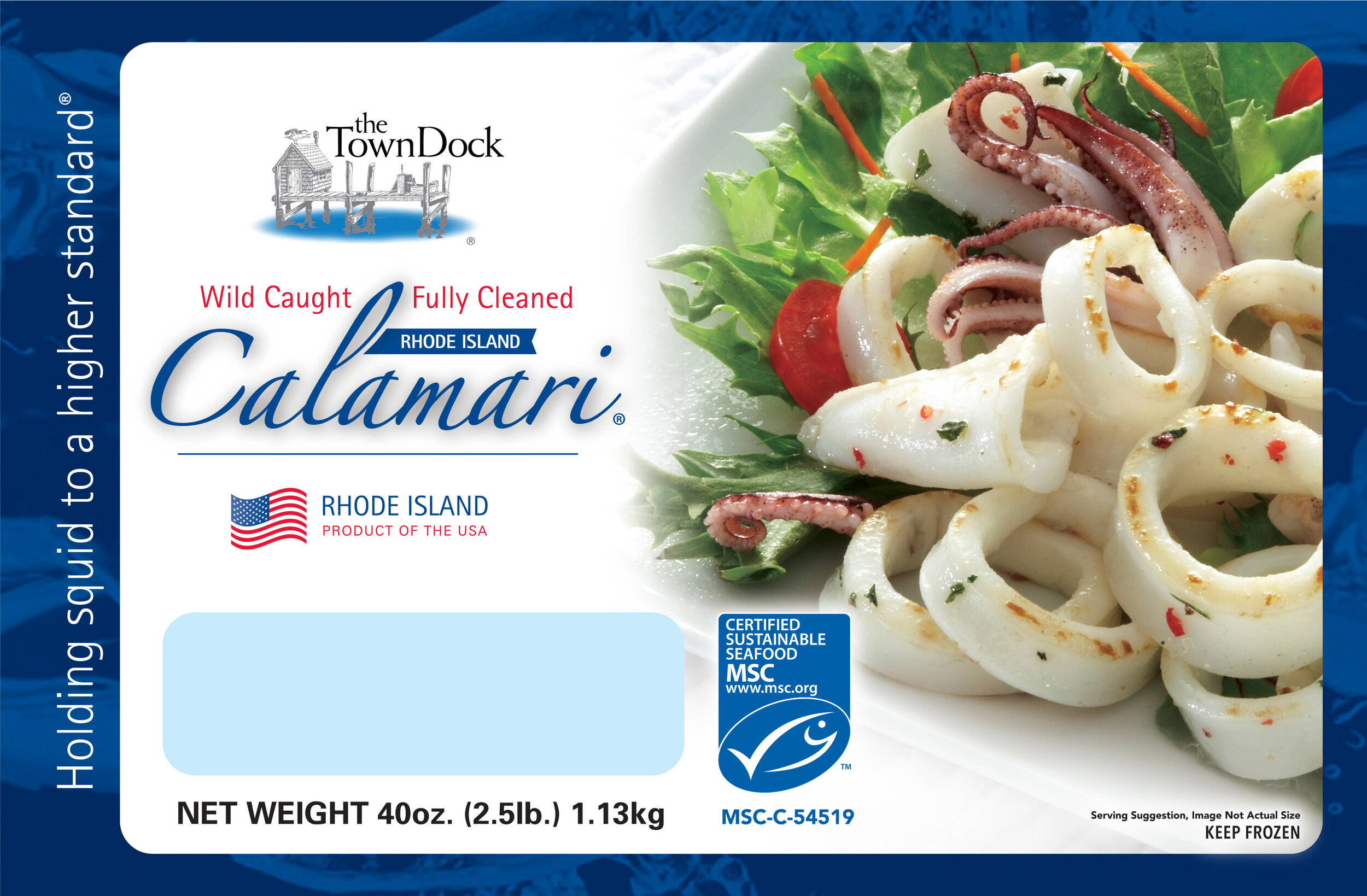 Picture of the 2.5 lb inner foodservice bag for wholesale Rhode Island Calamari, including the MSC blue fish logo 