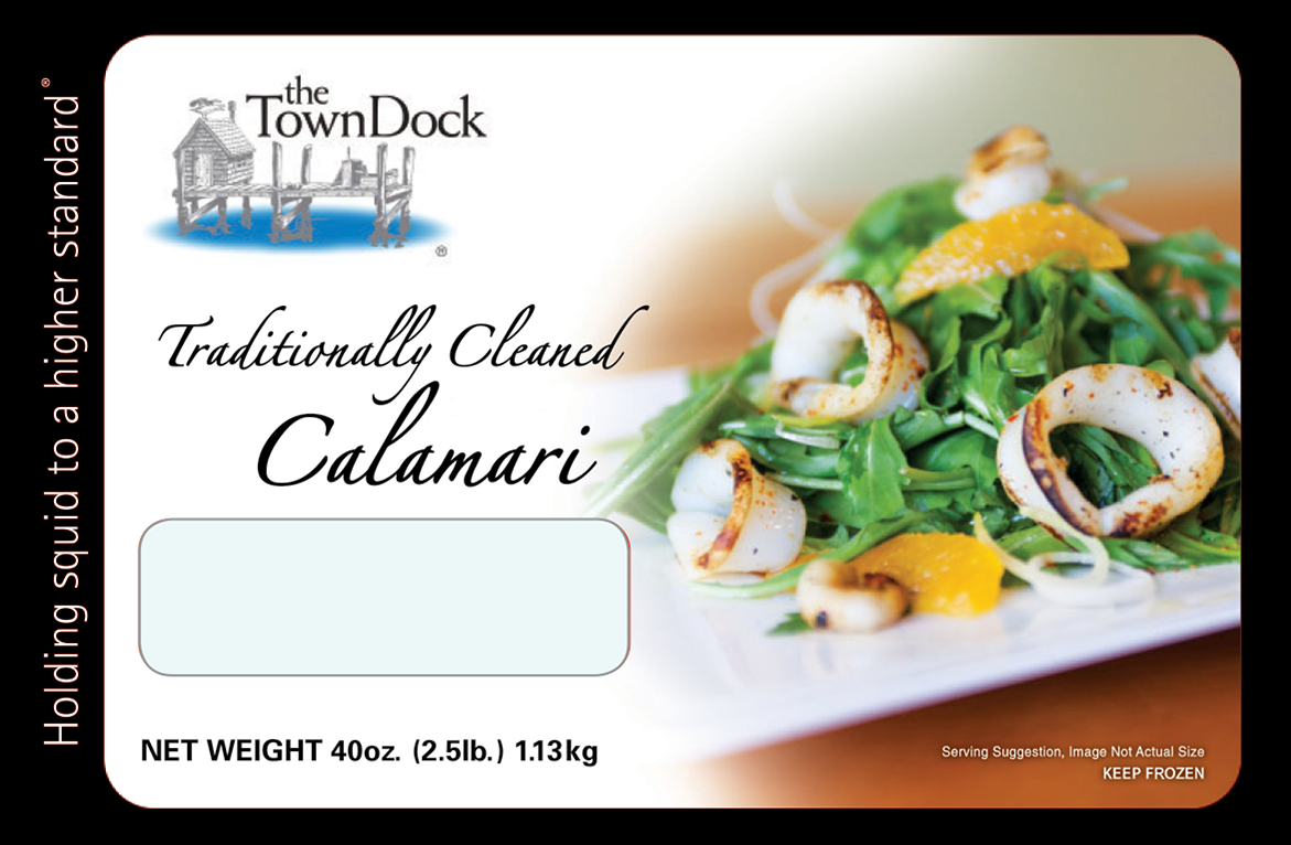 Our Traditionally Cleaned Calamari 2.5 lb block frozen bag, which has a black border