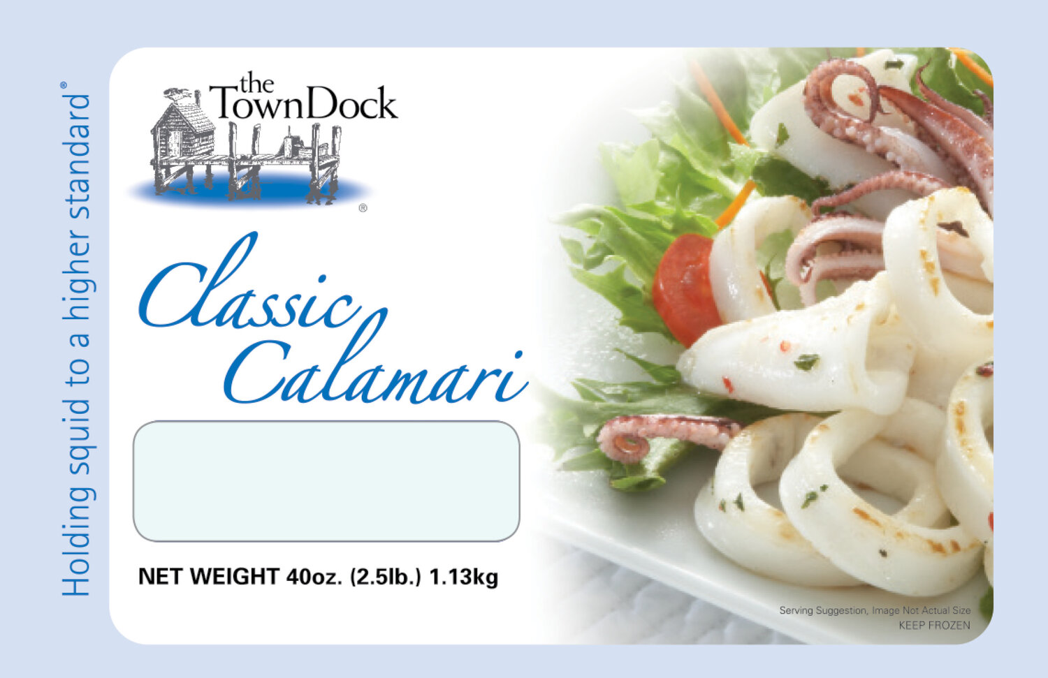 Our Classic Calamari 2.5 lb block frozen bag, which has a light blue border